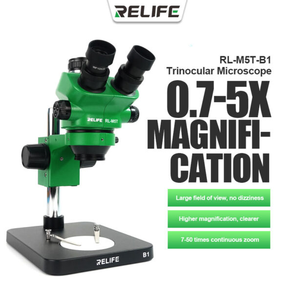 RELIFE - microscopio estéreo HD Trinocular RL-M5T-B1, Zoom continuo de 7-50 veces, con lente objetivo óptico de cámara